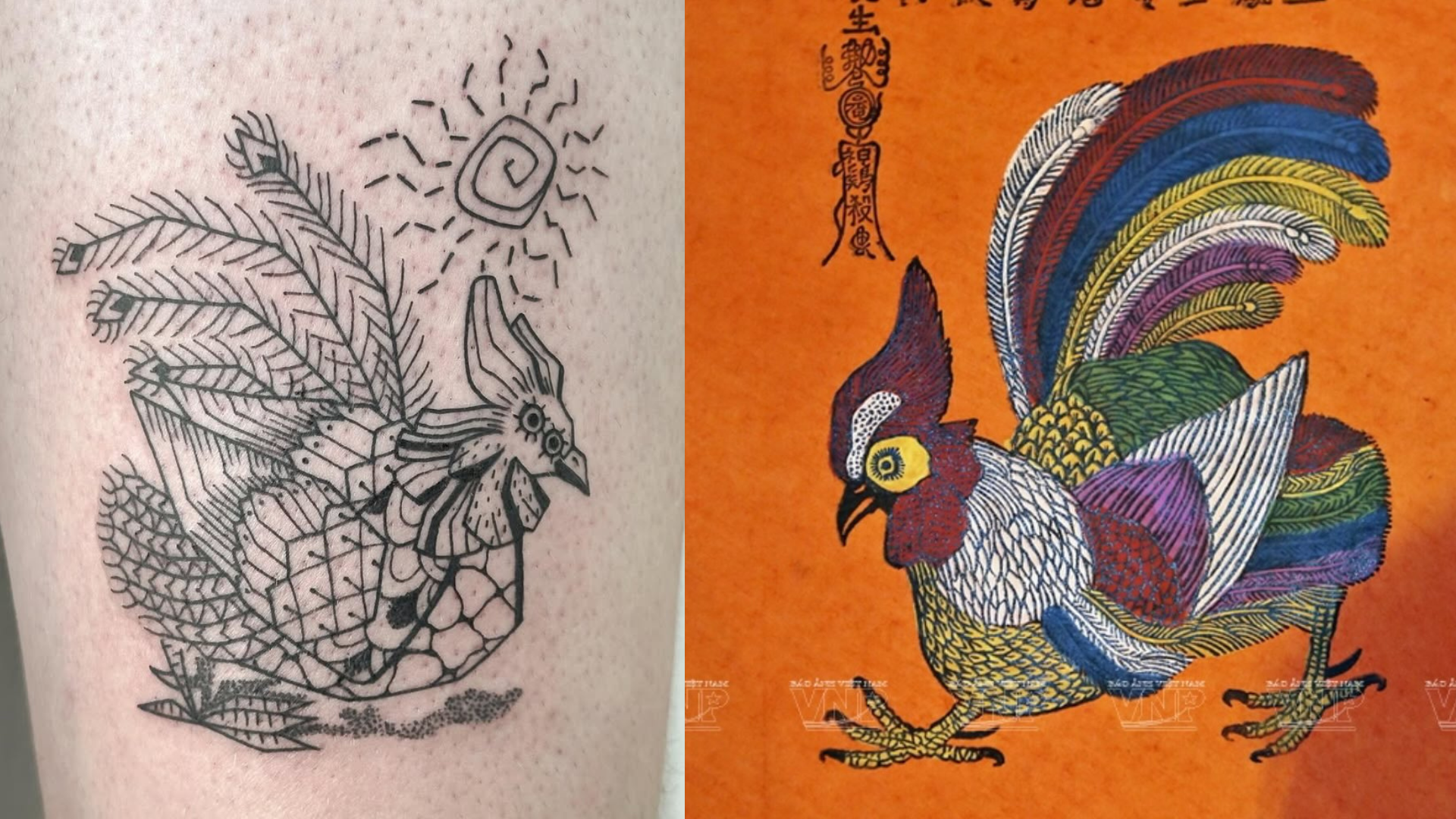 Hình xăm độc đáo, lấy cảm hứng từ _Thần Kê_ trong dòng tranh dân gian làng Kim Hoàng