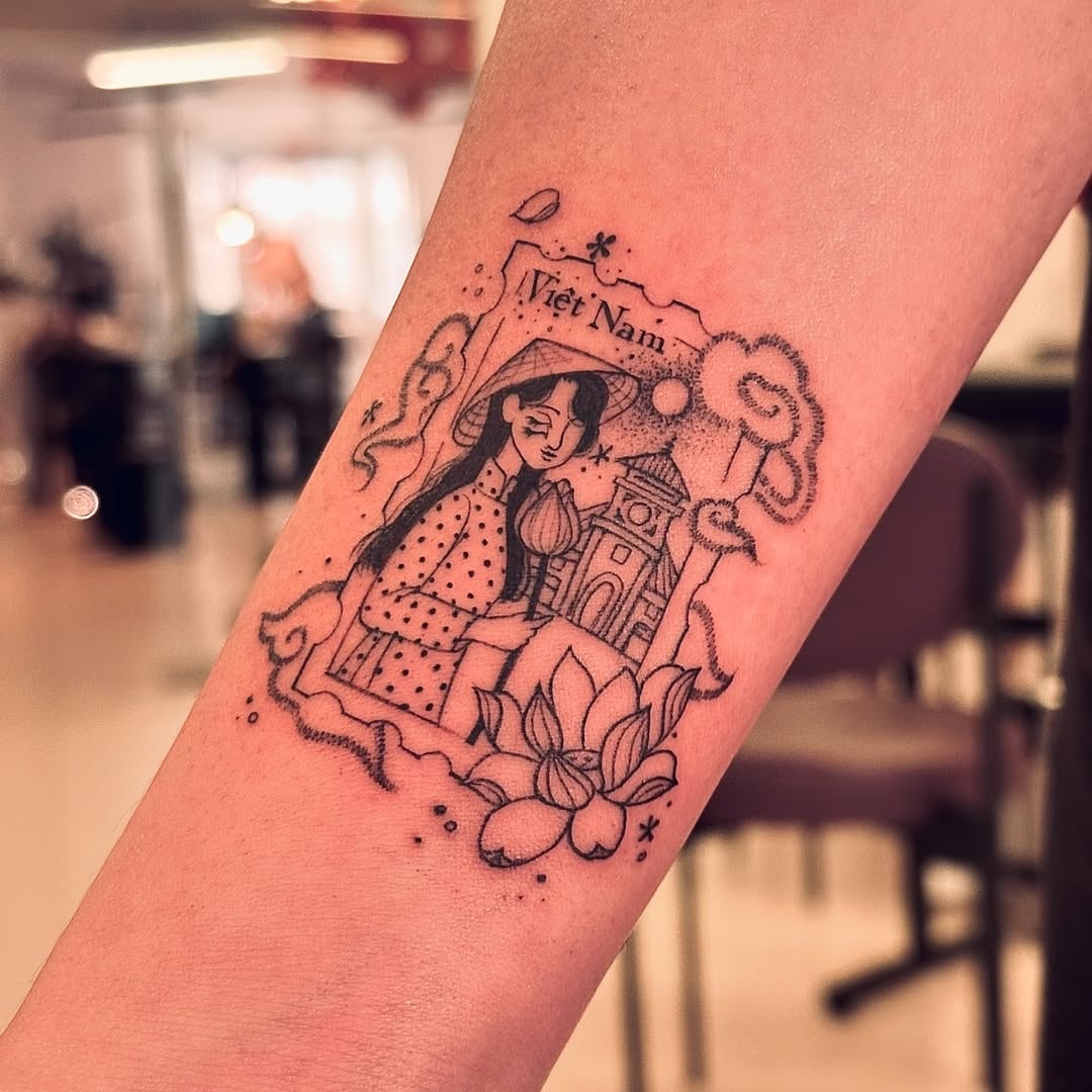 Hình xăm làng cảnh, cô gái Việt Nam nhẹ nhàng cùng biểu tượng hoa sen truyền thống