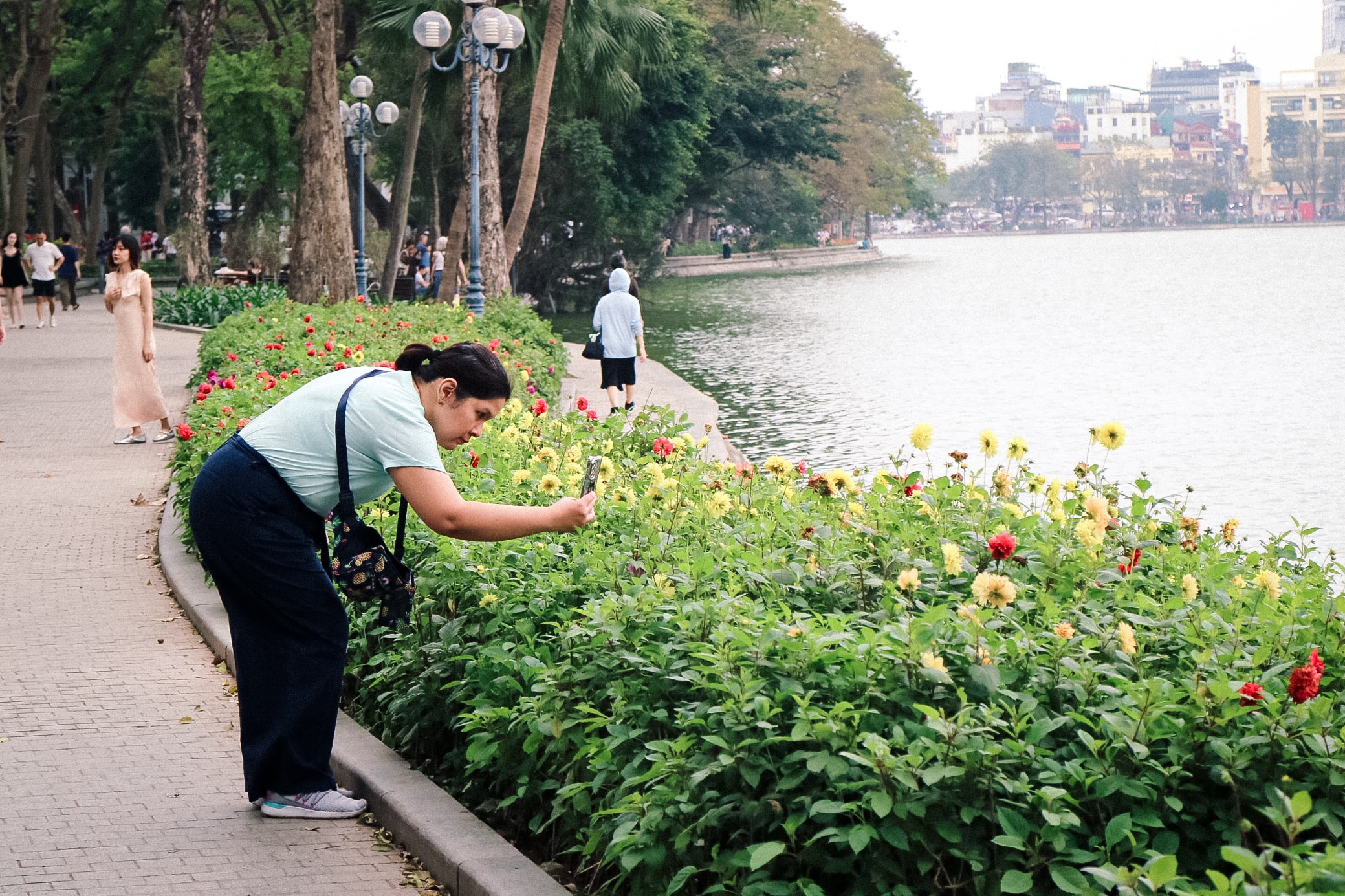 Khách du lịch lưu lại hình ảnh hoa thược dược bên hồ