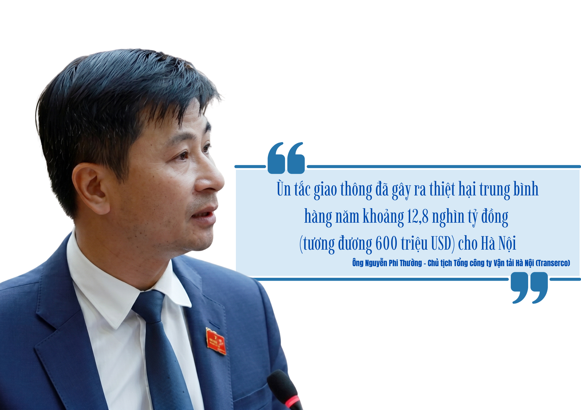 Ùn tắc giao thông đã gây ra thiệt hại trung bình hàng năm khoảng 12,8 nghìn tỷ đồng (tương đương 600 triệu USD) cho Hà Nội. Thông tin này được ông Nguyễn Phi Thường, Chủ tịch Tổng công ty Vận tải Hà Nội (Transerco) đưa ra tại cuộc họp Hội đồng nhân dân thành phố vào ngày 3 tháng 7.